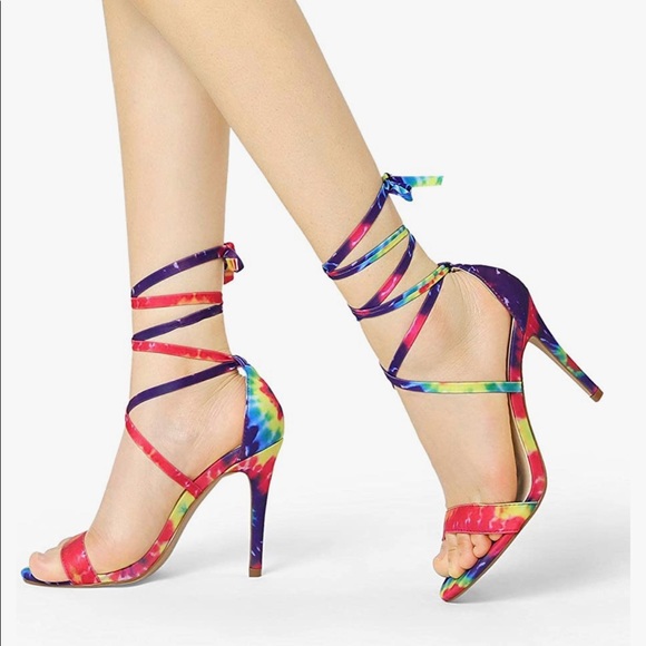 Allegra K Women's Tie-Dye Platform Sandals - Chunky Heel, Lace-Up Ankle Tie, 4 5/7\" Heel, Black Multi-Color, Size 10 M US - View #10